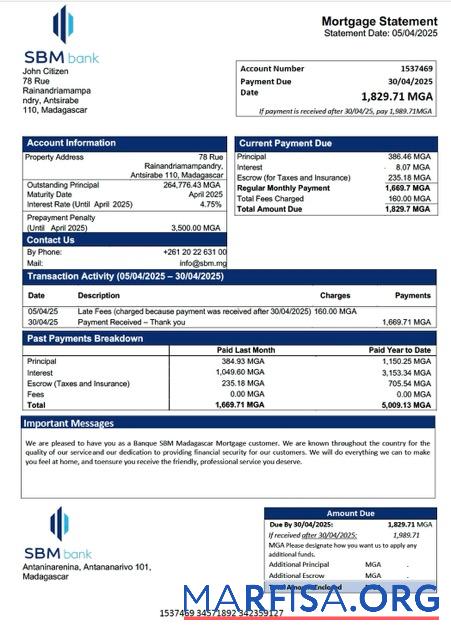 Downloadable Madagascar Banque SBM Madagascar mortgage statement Word and PDF template